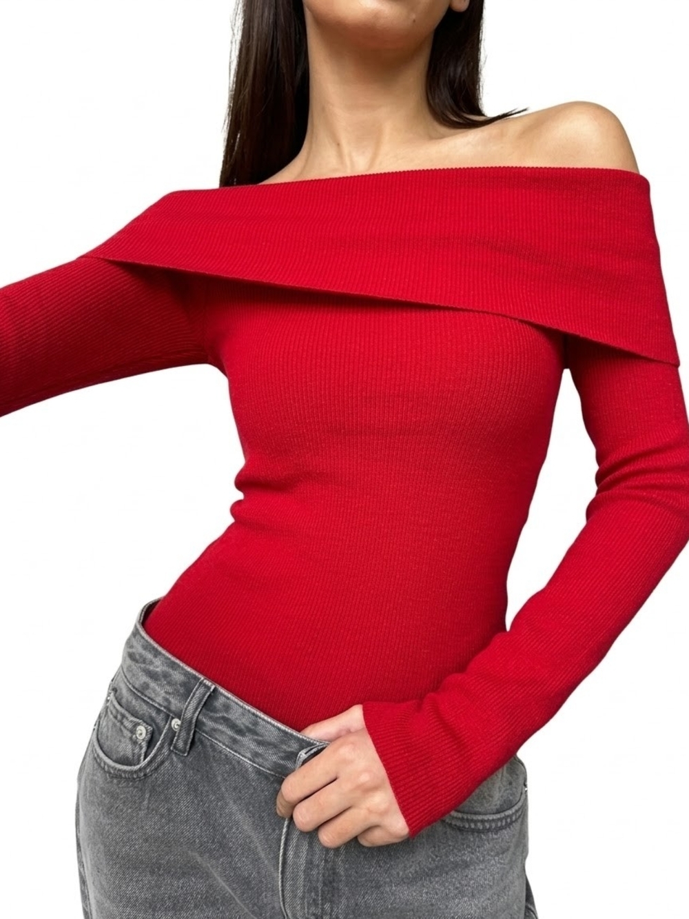 H&M Off-The-Shoulder Ribbed Soft Knit Sweater Sz M Fitted HolidayOutfit